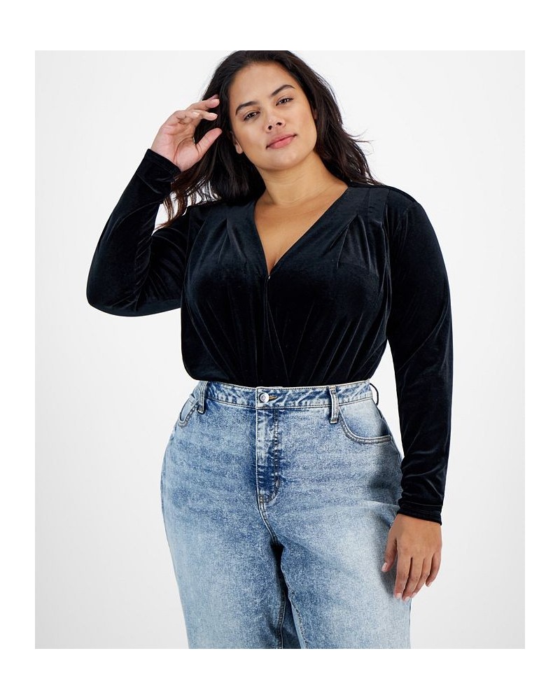 Trendy Plus Size Velvet Surplice Bodysuit Black $16.52 Tops