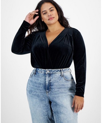 Trendy Plus Size Velvet Surplice Bodysuit Black $16.52 Tops