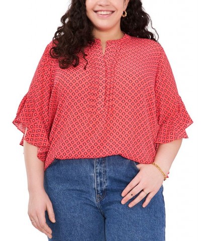 Plus Size Ruffled-Cuff Pleated-Neck Top Lush Coral $25.62 Tops