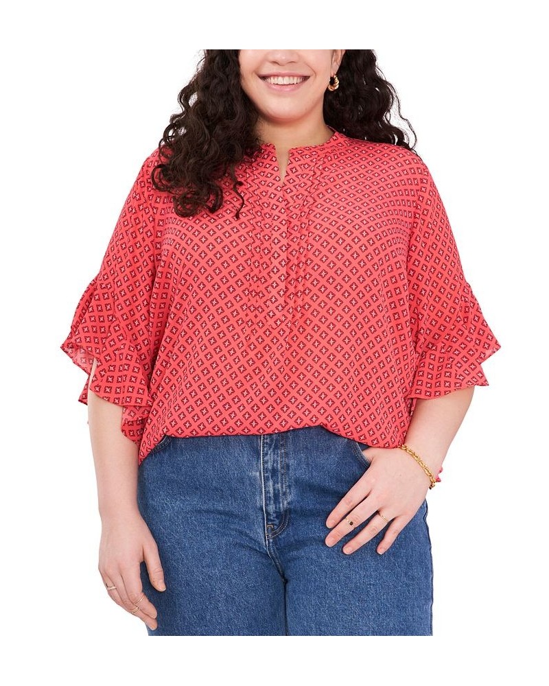 Plus Size Ruffled-Cuff Pleated-Neck Top Lush Coral $25.62 Tops