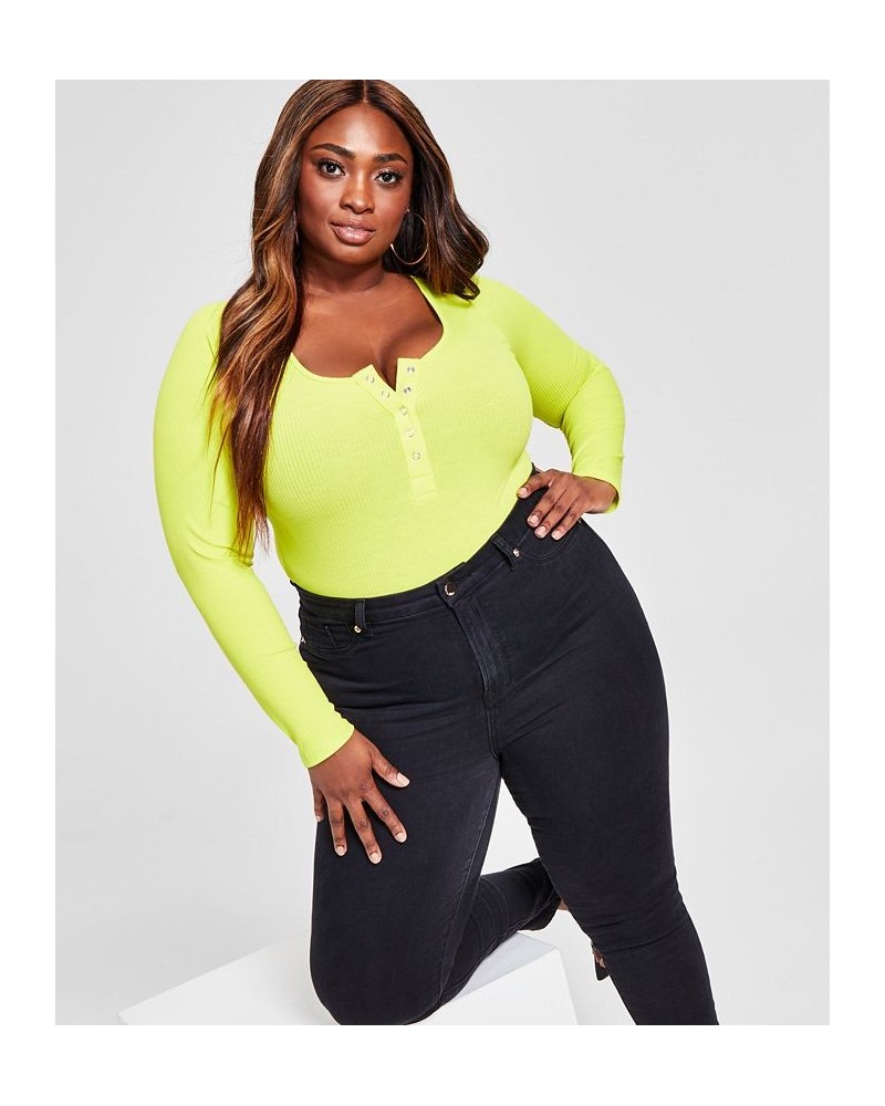 Trendy Plus Size Ribbed Henley Bodysuit Yellow $20.64 Tops