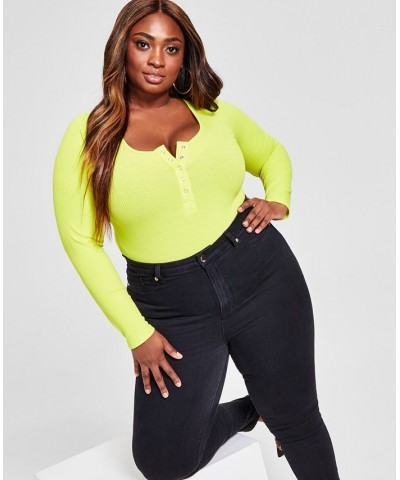 Trendy Plus Size Ribbed Henley Bodysuit Yellow $20.64 Tops