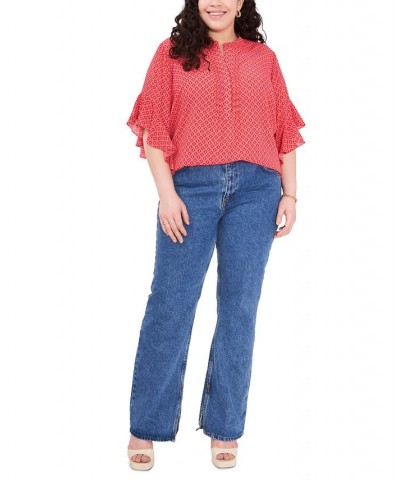 Plus Size Ruffled-Cuff Pleated-Neck Top Lush Coral $25.62 Tops