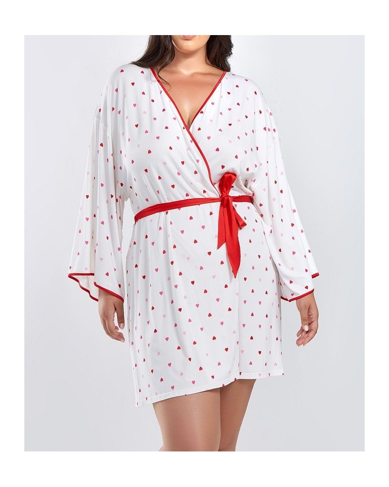 Kyley Plus Size Heart Print Robe with Contrast Self Tie Sash and Red Trim White-Red $40.02 Sleepwear