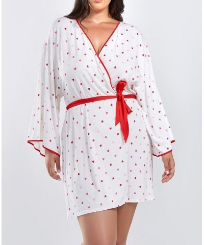 Kyley Plus Size Heart Print Robe with Contrast Self Tie Sash and Red Trim White-Red $40.02 Sleepwear