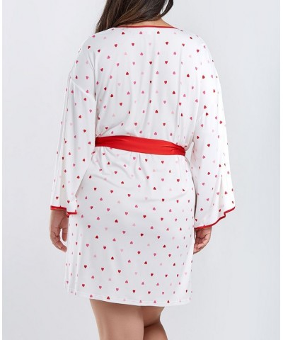 Kyley Plus Size Heart Print Robe with Contrast Self Tie Sash and Red Trim White-Red $40.02 Sleepwear