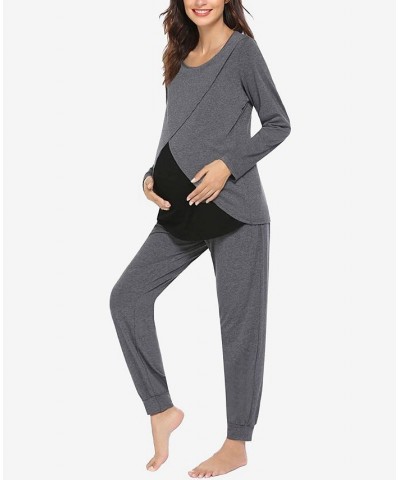 Women's London Long Sleeve Maternity Pajama Set 2 Piece Gray, Black $35.64 Sleepwear