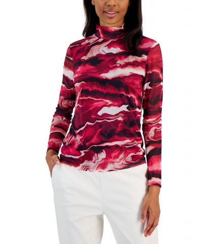 Women's Printed Mesh-Sleeve Mock-Neck Top Amaranth Multi $25.83 Tops