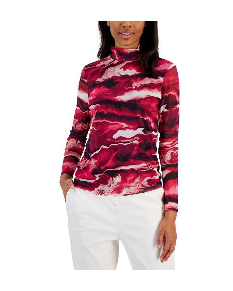 Women's Printed Mesh-Sleeve Mock-Neck Top Amaranth Multi $25.83 Tops