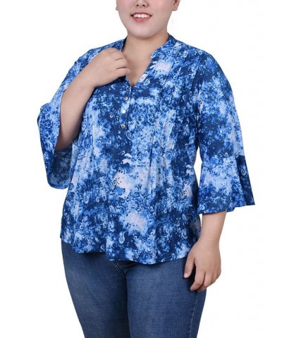 Plus Size Pleat Front Y-Neck Top Blue Flower $11.68 Tops