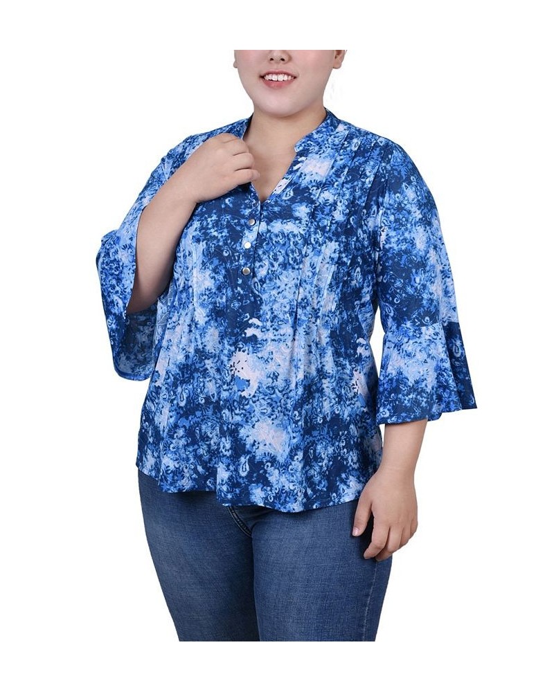 Plus Size Pleat Front Y-Neck Top Blue Flower $11.68 Tops