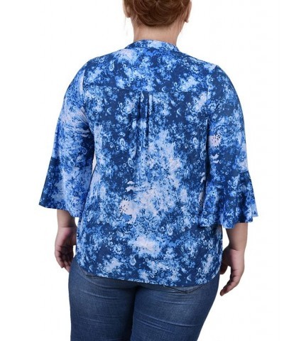 Plus Size Pleat Front Y-Neck Top Blue Flower $11.68 Tops