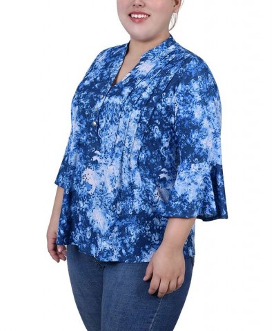 Plus Size Pleat Front Y-Neck Top Blue Flower $11.68 Tops