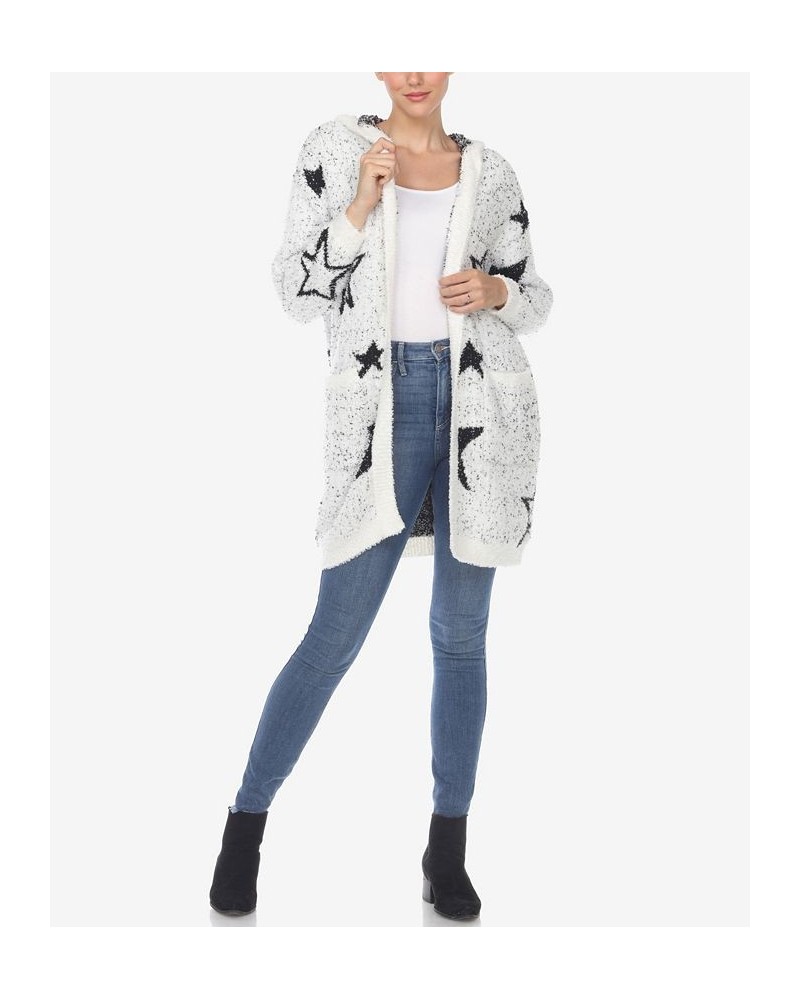 Women's Hooded Open Front Sherpa Coat White, Black Stars $23.32 Coats