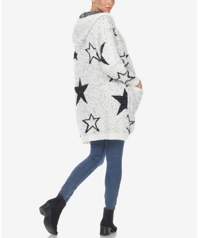 Women's Hooded Open Front Sherpa Coat White, Black Stars $23.32 Coats