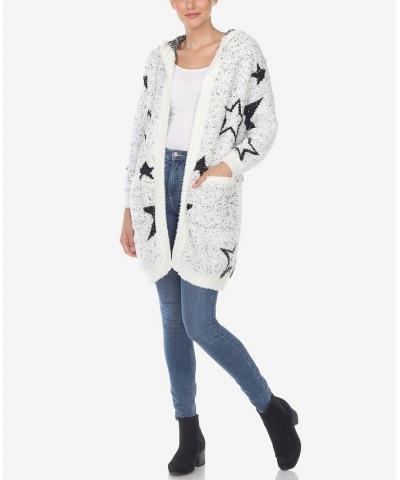 Women's Hooded Open Front Sherpa Coat White, Black Stars $23.32 Coats