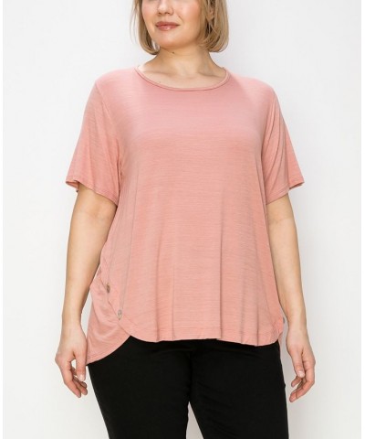 Plus Size Button Panel Short Sleeve Top Pink $20.52 Tops