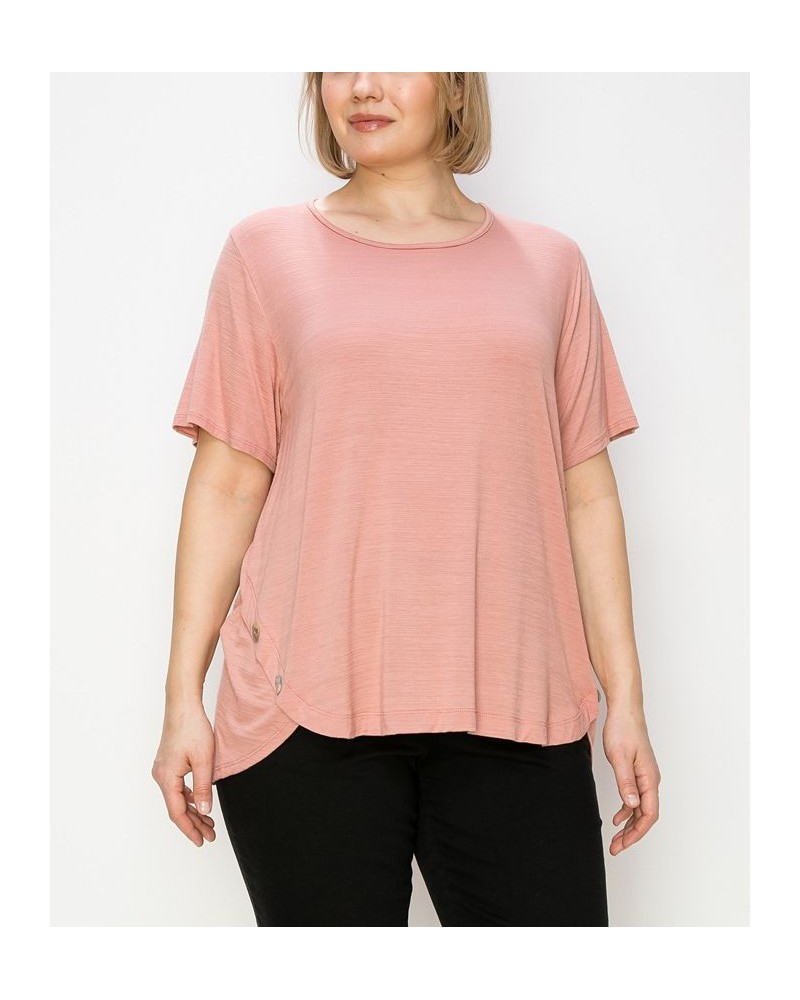 Plus Size Button Panel Short Sleeve Top Pink $20.52 Tops