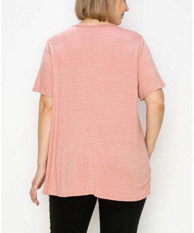 Plus Size Button Panel Short Sleeve Top Pink $20.52 Tops