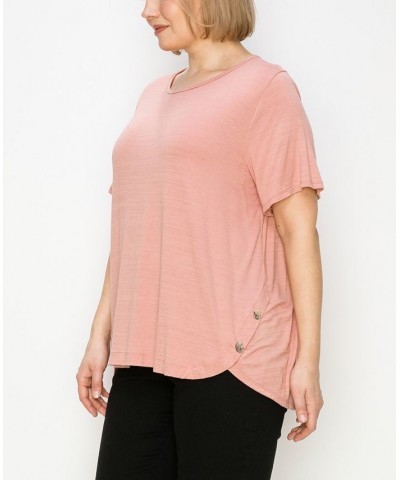 Plus Size Button Panel Short Sleeve Top Pink $20.52 Tops