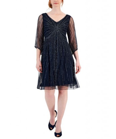 Women's Embellished V-Neck 3/4-Sleeve Dress Navy Gunmetal $126.69 Dresses