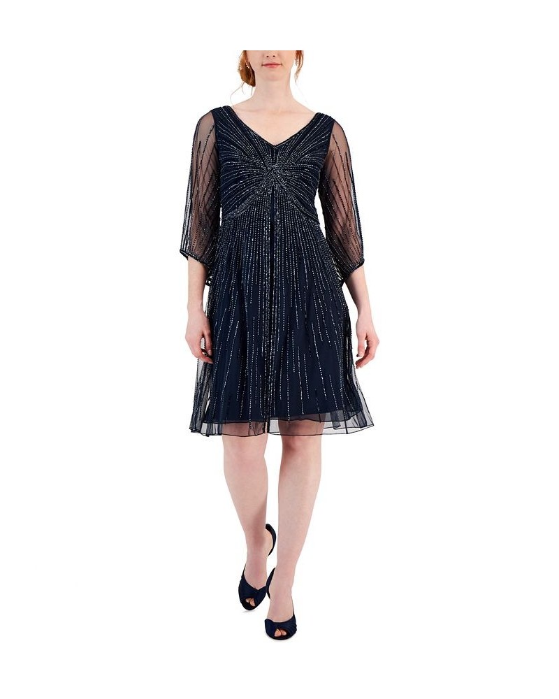 Women's Embellished V-Neck 3/4-Sleeve Dress Navy Gunmetal $126.69 Dresses