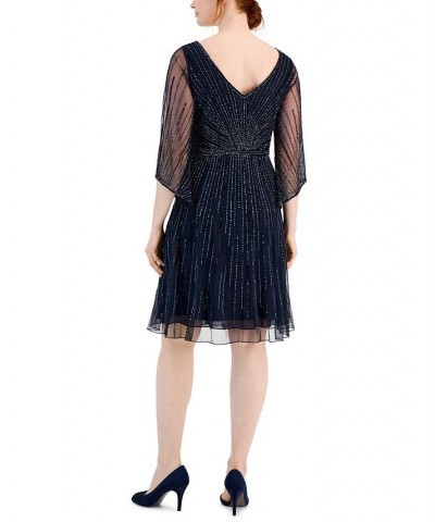 Women's Embellished V-Neck 3/4-Sleeve Dress Navy Gunmetal $126.69 Dresses