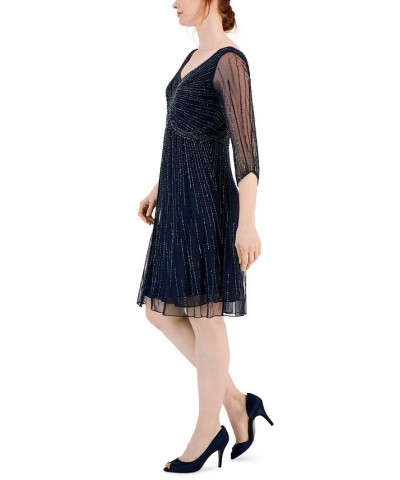 Women's Embellished V-Neck 3/4-Sleeve Dress Navy Gunmetal $126.69 Dresses