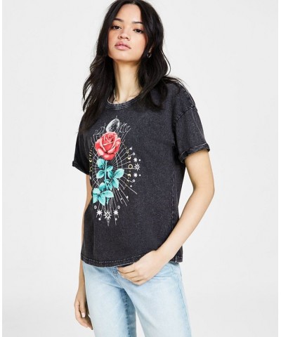 Juniors' Rose-Moon-Star-Graphic Mineral Wash T-Shirt Black $9.50 Tops