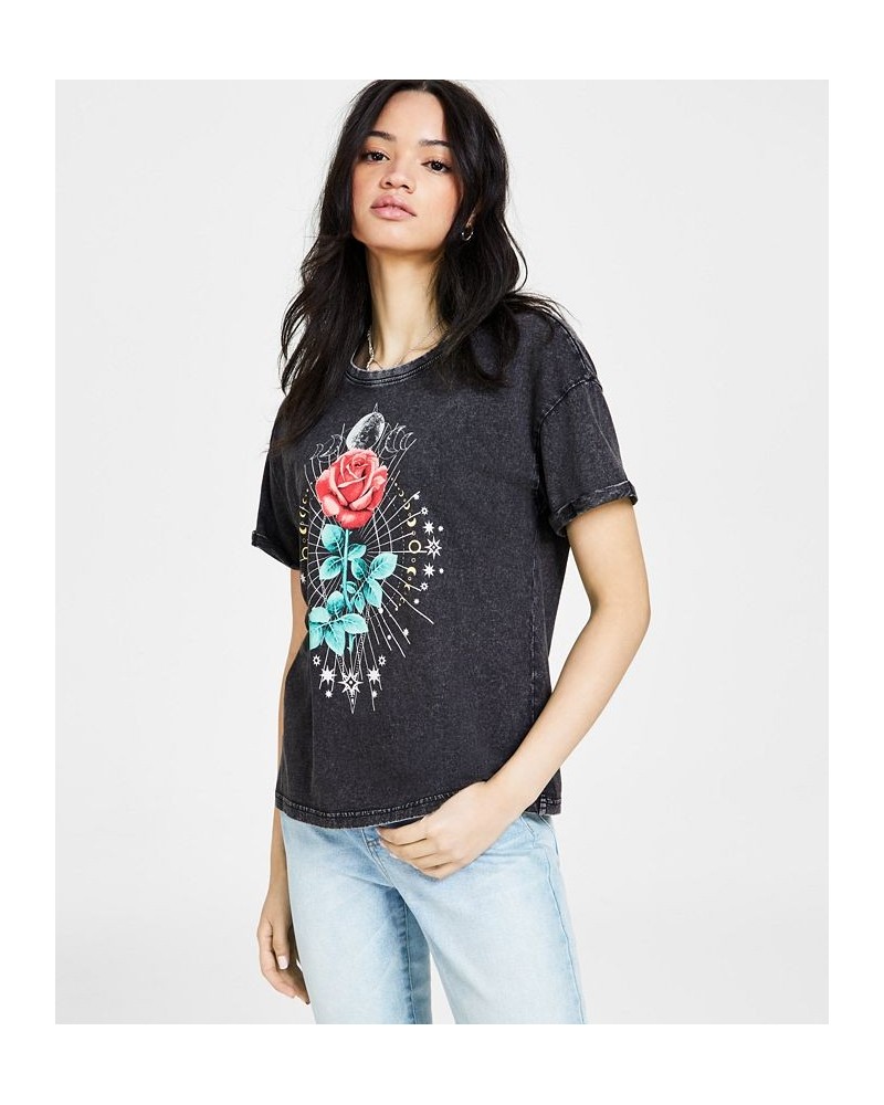 Juniors' Rose-Moon-Star-Graphic Mineral Wash T-Shirt Black $9.50 Tops