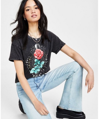 Juniors' Rose-Moon-Star-Graphic Mineral Wash T-Shirt Black $9.50 Tops