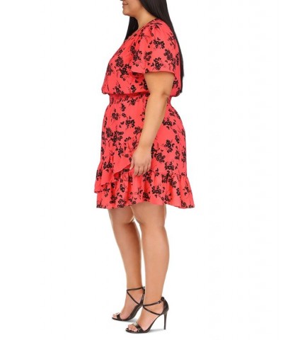 Plus Size Floral-Print Faux-Wrap Dress Pink $71.75 Dresses