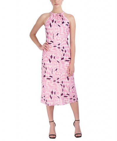 Women's Printed Ruched Halter Midi Dress Checkers $59.00 Dresses