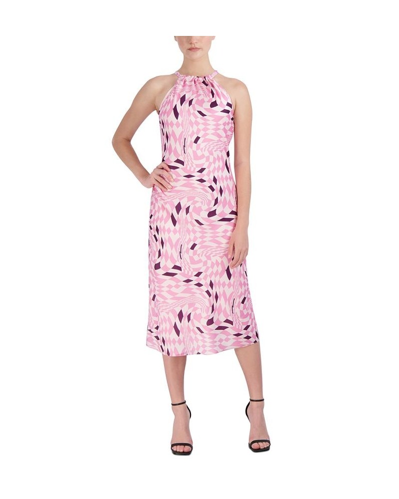 Women's Printed Ruched Halter Midi Dress Checkers $59.00 Dresses