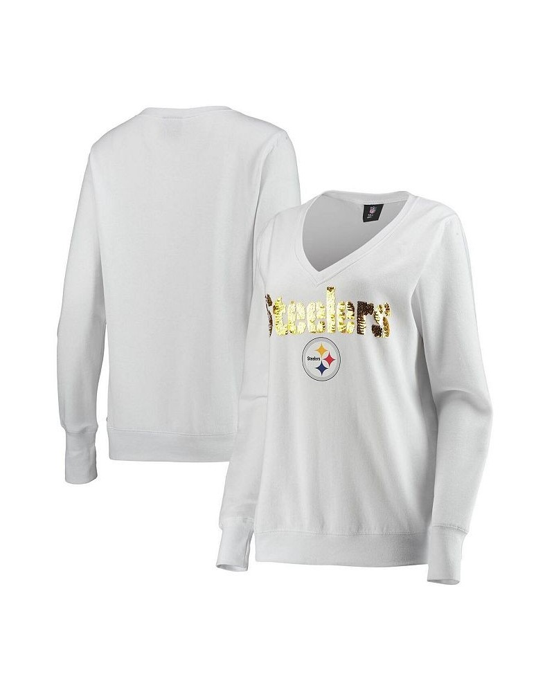 Women's White Pittsburgh Steelers Victory V-Neck Pullover Sweatshirt White $34.85 Sweatshirts