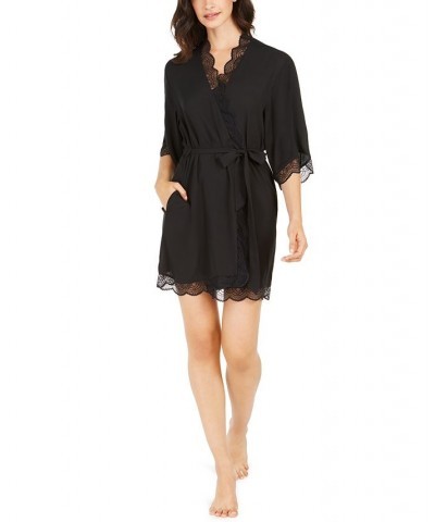 Lace Trim Short Robe Black $16.90 Sleepwear