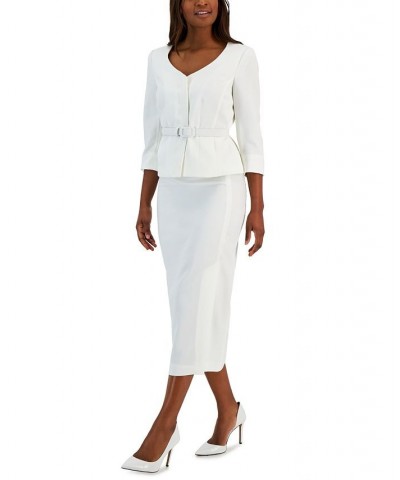 Women's Belted Jacket 3/4-Sleeve Skirt Suit White $56.10 Suits