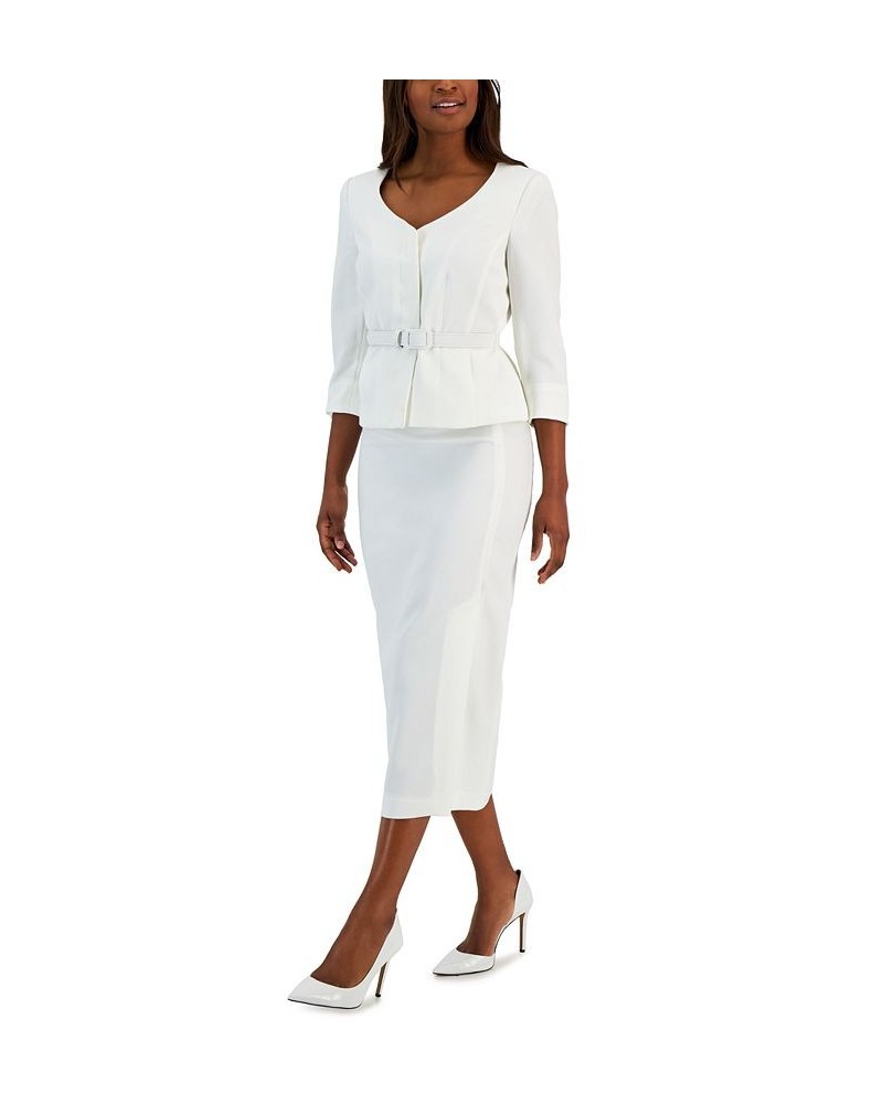 Women's Belted Jacket 3/4-Sleeve Skirt Suit White $56.10 Suits