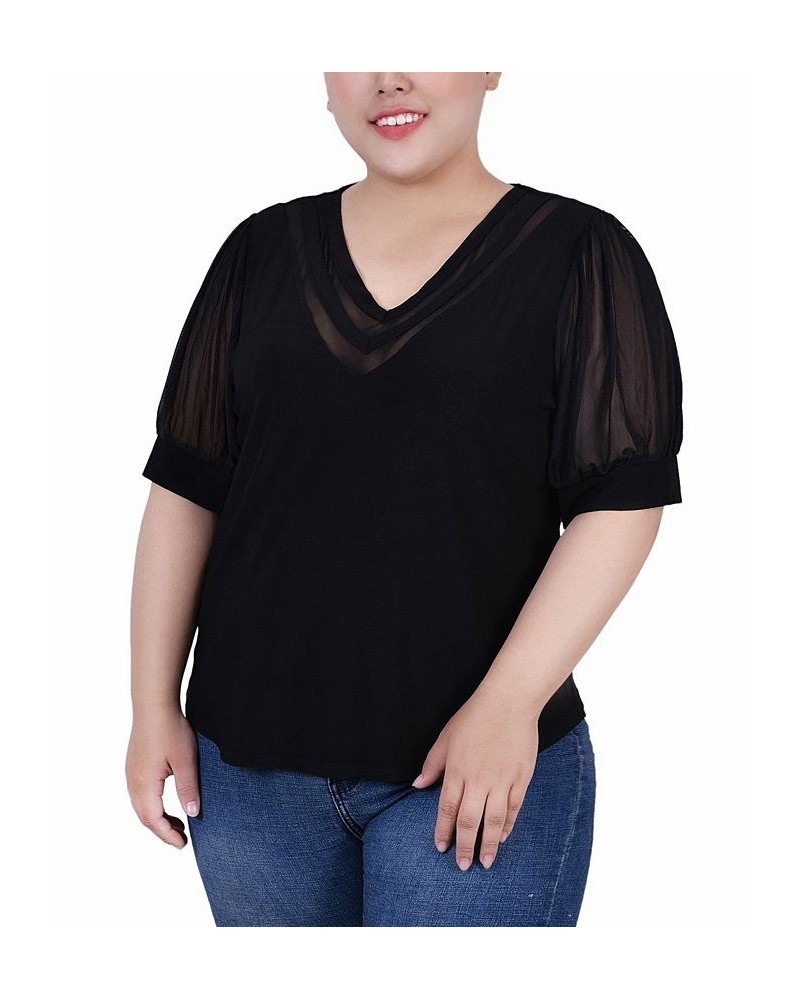 Plus Size Short Puff Sleeve V-Neck Top Black $14.08 Tops