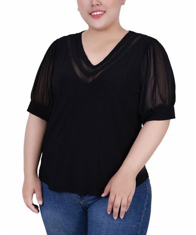 Plus Size Short Puff Sleeve V-Neck Top Black $14.08 Tops