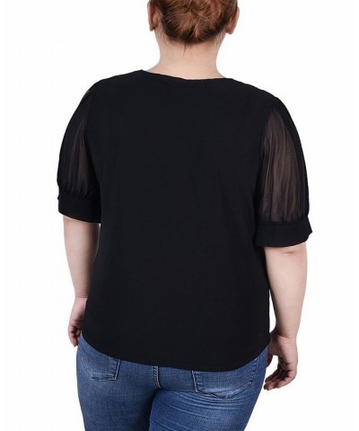 Plus Size Short Puff Sleeve V-Neck Top Black $14.08 Tops