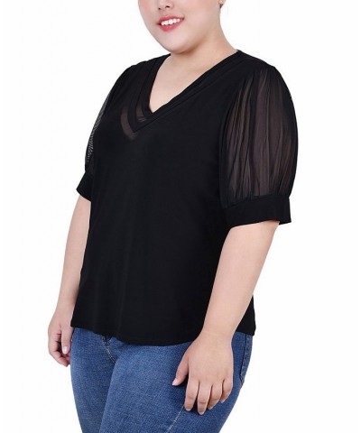 Plus Size Short Puff Sleeve V-Neck Top Black $14.08 Tops