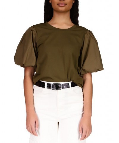 Women's Dream State Cotton Puff-Sleeve Tee Green $14.09 Tops