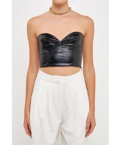 Women's Cropped Leather Bustier Top Black $37.10 Tops