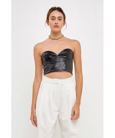 Women's Cropped Leather Bustier Top Black $37.10 Tops