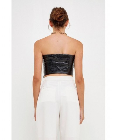 Women's Cropped Leather Bustier Top Black $37.10 Tops