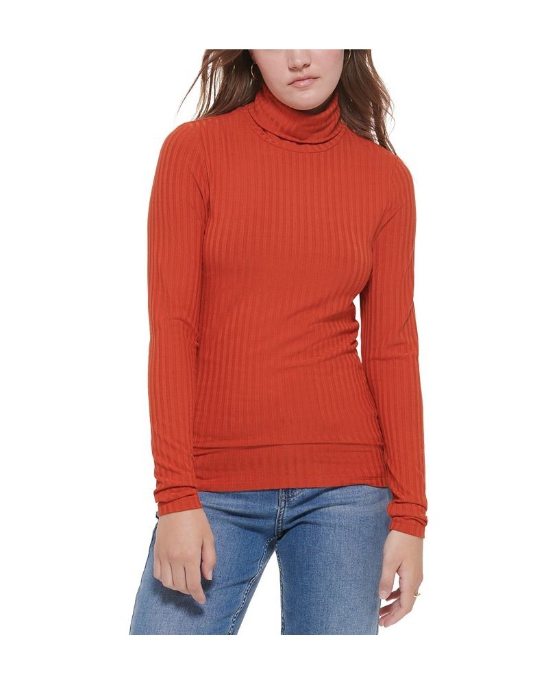 Women's Long Sleeve Turtleneck Top Orange $14.84 Tops