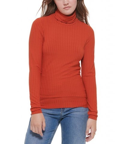 Women's Long Sleeve Turtleneck Top Orange $14.84 Tops