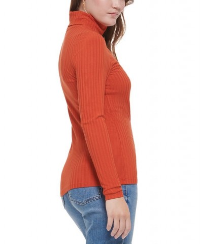 Women's Long Sleeve Turtleneck Top Orange $14.84 Tops