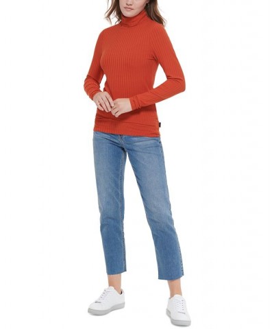 Women's Long Sleeve Turtleneck Top Orange $14.84 Tops